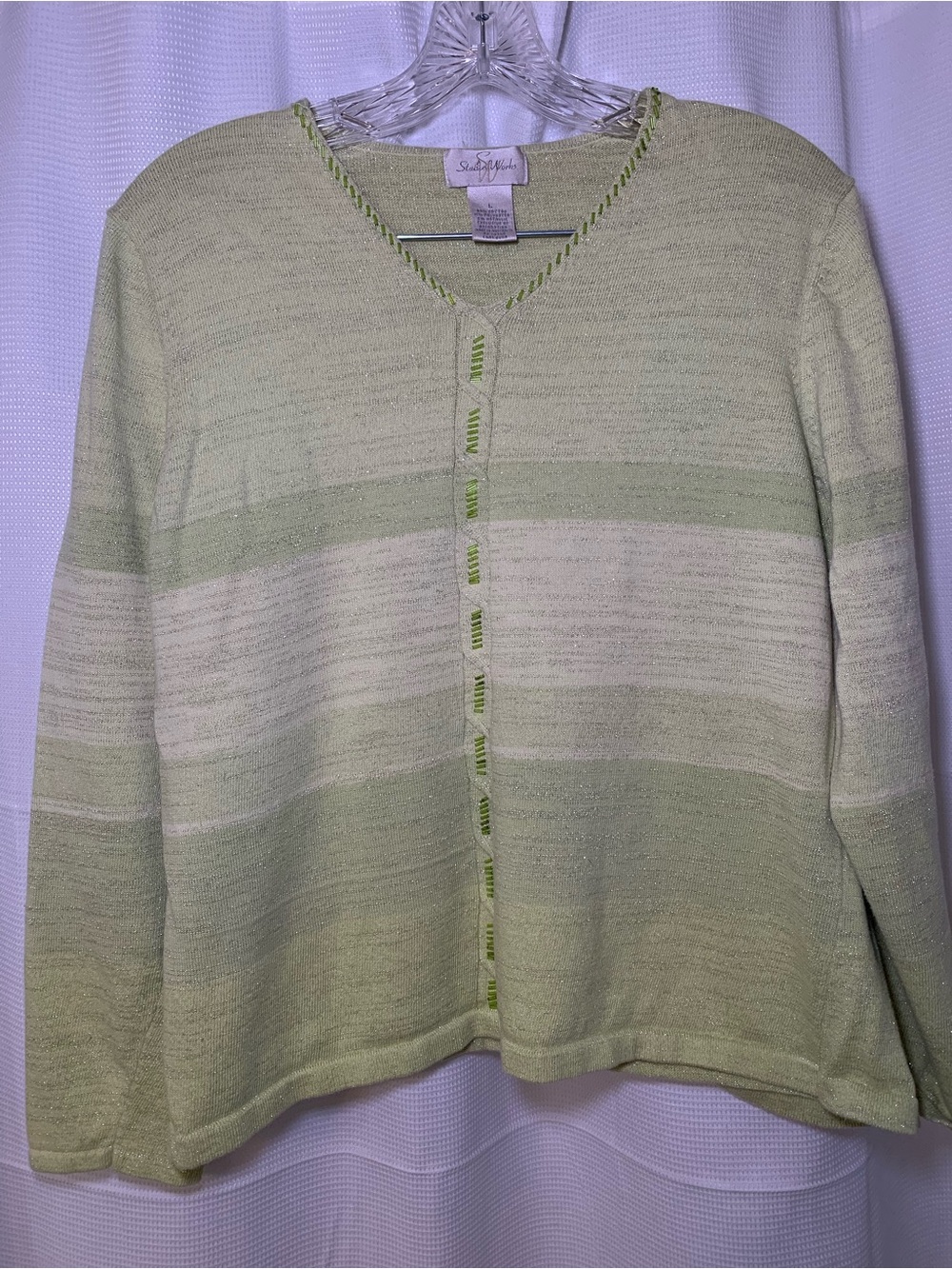 Studio Works Pale Green & Cream Striped V‑Neck Cardigan